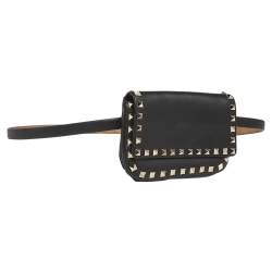Pre Owned Valentino Black Leather Rockstud Flap Belt Bag