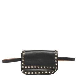 Pre Owned Valentino Black Leather Rockstud Flap Belt Bag