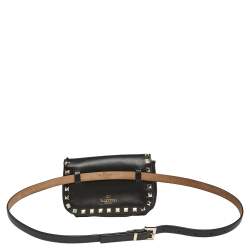 Pre Owned Valentino Black Leather Rockstud Flap Belt Bag