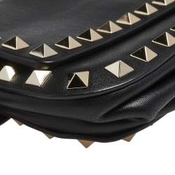 Pre Owned Valentino Black Leather Rockstud Flap Belt Bag