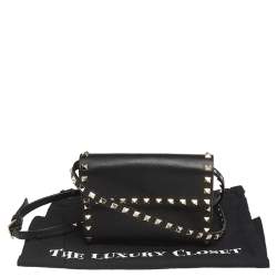 Pre Owned Valentino Black Leather Rockstud Flap Belt Bag