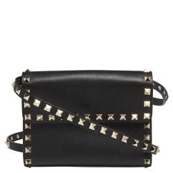 Pre Owned Valentino Black Leather Rockstud Flap Belt Bag