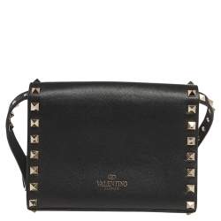 Pre Owned Valentino Black Leather Rockstud Flap Belt Bag