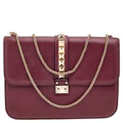 Valentino Burgundy Leather Glam Lock Flap Shoulder Bag
