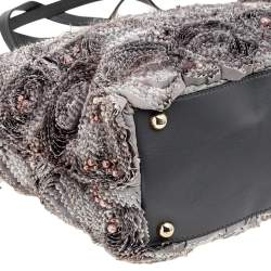Pre Owned Valentino Grey Leather And Silk Organza Pearl Embellished Rosier Tote