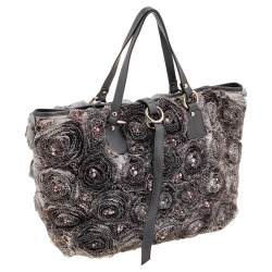 Pre Owned Valentino Grey Leather And Silk Organza Pearl Embellished Rosier Tote