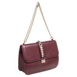 Pre Owned Valentino Burgundy Leather XL Rockstud Glam Lock Shoulder Bag