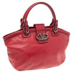 Pre Owned  Valentino Burgundy Leather Crystal Jeweled V-logo Satchel