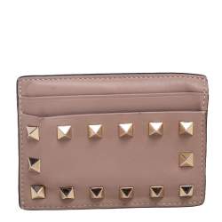 Pre Owned Valentino Dusty Pink Leather Rockstud Card Holder