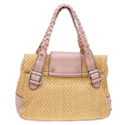 Pre Owned Valentino Beige/Pink Jute And Leather Satchel