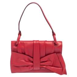 Pre Owned Valentino Red Leather Pleated Bow Flap Top Handle Bag