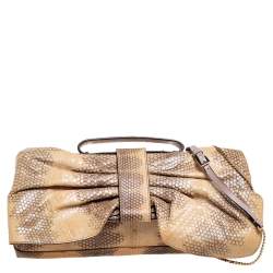 Pre Owned Valentino Cream/Black Watersnake Bow Flap Chain Clutch