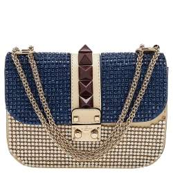 مملوكة مسبقًا Valentino Multicolor Leather Small Crystal Embellished Glam Lock Rockstud Shoulder Bag