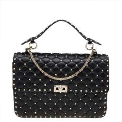 Valentino Black Quilted Leather Large Rockstud Spike Top Handle Bag