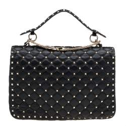 Valentino Black Quilted Leather Large Rockstud Spike Top Handle Bag