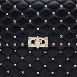 Valentino Black Quilted Leather Large Rockstud Spike Top Handle Bag