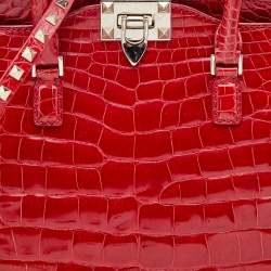 Pre Owned Valentino Red Alligator Leather Rockstud Trapeze Tote