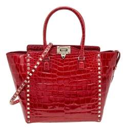 Pre Owned Valentino Red Alligator Leather Rockstud Trapeze Tote