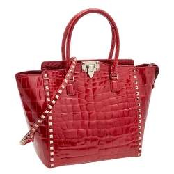 Pre Owned Valentino Red Alligator Leather Rockstud Trapeze Tote