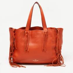 Pre Owned Valentino Orange Pebbled Leather Fringe C-Rockee Tote
