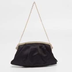 Pre Owned حقيبة كلتش فالنتينو ساتان أسود إطار مزخرف كريستال بسلسلة 