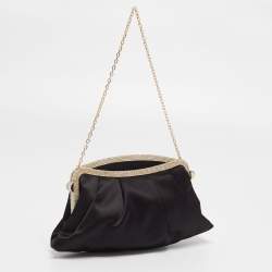 Pre Owned حقيبة كلتش فالنتينو ساتان أسود إطار مزخرف كريستال بسلسلة 