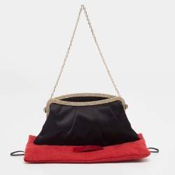 Pre Owned حقيبة كلتش فالنتينو ساتان أسود إطار مزخرف كريستال بسلسلة 