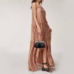 Pre Owned حقيبة كلتش فالنتينو ساتان أسود إطار مزخرف كريستال بسلسلة 