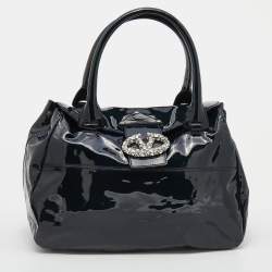 Pre Owned Valentino Navy Blue Patent Leather Crystal VLogo Satchel
