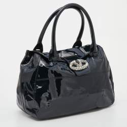 Pre Owned Valentino Navy Blue Patent Leather Crystal VLogo Satchel