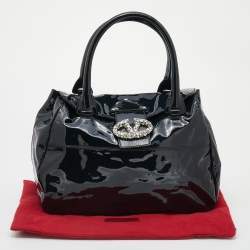 Pre Owned Valentino Navy Blue Patent Leather Crystal VLogo Satchel
