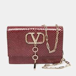 Pre Owned Valentino Red Python VLogo Flap Chain Shoulder Bag