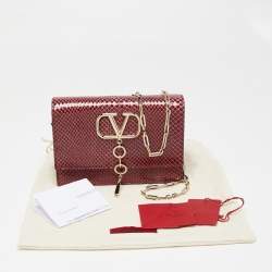 Pre Owned Valentino Red Python VLogo Flap Chain Shoulder Bag