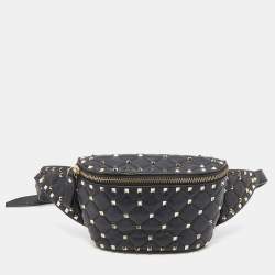 Pre Owned Valentino Black Quilted Leather Rockstud Spike Belt Bag