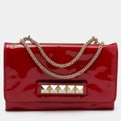 Pre Owned Valentino Red Patent Leather Rockstud Va Va Voom Chain Clutch