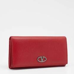 Pre Owned Valentino Red Leather Crystal V Ring Flap Continental Wallet 