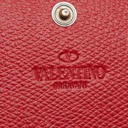 Pre Owned Valentino Red Leather Crystal V Ring Flap Continental Wallet 