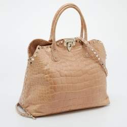 Pre Owned Valentino Beige Crocodile Leather Rockstud Tote