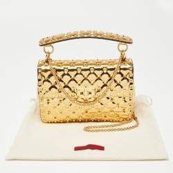 Pre Owned Valentino Metallic Gold Patent Leather Medium Rockstud Spike Top Handle Bag