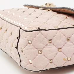 Pre Owned Valentino Pink Quilted Crinkled Leather Medium Rockstud Spike Top Handle Bag