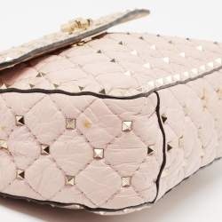 Pre Owned Valentino Pink Quilted Crinkled Leather Medium Rockstud Spike Top Handle Bag