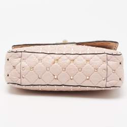 Pre Owned Valentino Pink Quilted Crinkled Leather Medium Rockstud Spike Top Handle Bag