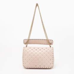Pre Owned Valentino Pink Quilted Crinkled Leather Medium Rockstud Spike Top Handle Bag