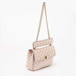 Pre Owned Valentino Pink Quilted Crinkled Leather Medium Rockstud Spike Top Handle Bag