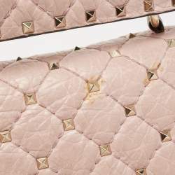 Pre Owned Valentino Pink Quilted Crinkled Leather Medium Rockstud Spike Top Handle Bag