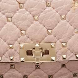 Pre Owned Valentino Pink Quilted Crinkled Leather Medium Rockstud Spike Top Handle Bag