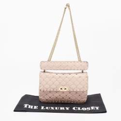 Pre Owned Valentino Pink Quilted Crinkled Leather Medium Rockstud Spike Top Handle Bag