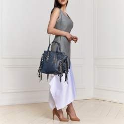 Pre Owned Valentino Blue Leather C-Rockee Fringe Tote