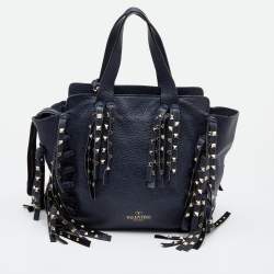 Pre Owned Valentino Blue Leather C-Rockee Fringe Tote