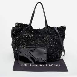 Pre Owned حقيبة يد توتس فالنتينو جلد لامع وشعر عجل أسود مزخرفة كريستال